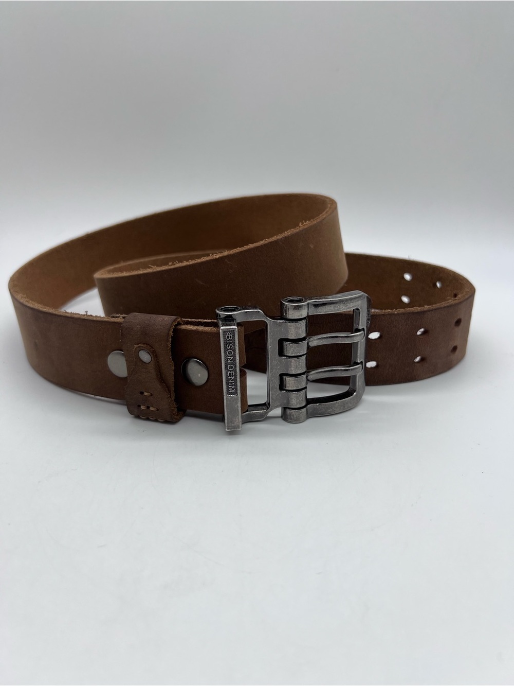 Bison Denim Men’s Brown Leather Belt with Brushed Metal Buckle